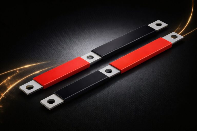 Dielectric coated copper busbars with red and black insulating film and bare bolt pads